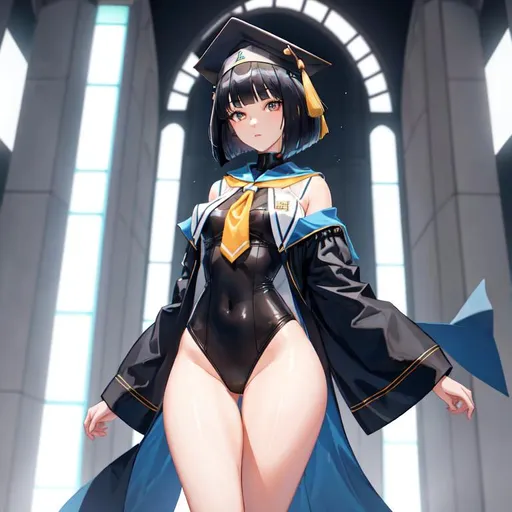 Prompt: a lonely AI girl, very tall, thick thighs, wide hips, long legs, slender waist, big symmetrical eyes, aloof expression, bob haircut with bangs, wearing a college graduation cap and gown, giving a college graduation speech, 12K resolution, hyper quality, hyper-detailed, depth of field