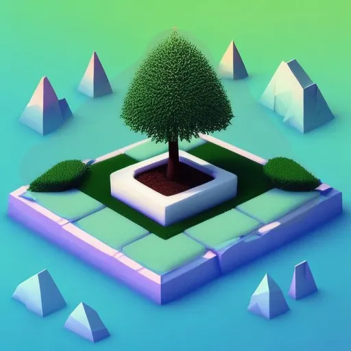 Prompt: a cute little tree on one square tile , mist, lat lighting, soft shadows, minimalistic, sober, trending on artstation, 3d render, fez video game,