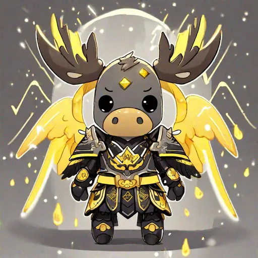 Prompt: Moose anthropomorphic, kawaii style, brown angel wings, wearing modern samurai-like armor in black and grey with yellow touches, Angel of Thunderstorms, amidst a might lightning storm, Masterpiece, Best Quality 