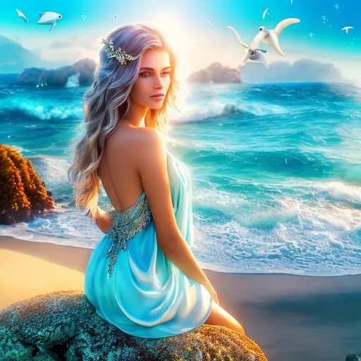 Prompt: HD 4k 3D 8k professional modeling photo hyper realistic beautiful woman ethereal greek goddess of good counsel, advice, Ocean nymph
blue hair blue eyes gorgeous face light skin shimmering dress with fish scales seashell jewelry full body surrounded by magical glowing light hd landscape background laying in ocean on beach on rocks