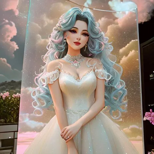 Prompt: Beautiful and sweet girl of warm glaze, wearing vaporous wedding dress, discrete make up, glowing up, large curly black marine blue hair, light sparkles, drapping, big lips, pink cheeks, translucid, unreal engine 8k octane, 3d lightning, stellar clouds, quartz and opal, gem rain, soft white skin, long wavy hair, nice smile, luminous chest, fantasy, silence