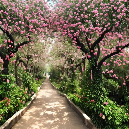 Prompt: two flower trees with path of heart in joining them. The path is surrounded by flowers 