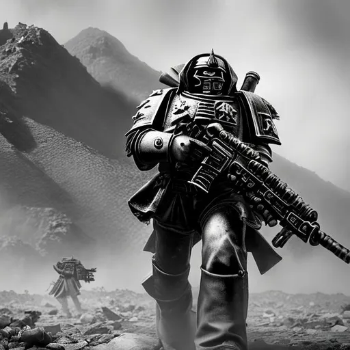 Prompt: warhammer 40k, guerilla warfare, attack, raid, battle, oil rig, mountain, desert, poncho, monochrome