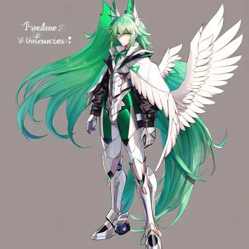 Prompt: Your OC is a small twisted pegasus-human bipedal animatronic hybrid, with focused emerald eyes. They identify as male, and have a high-pitched voice. standing on two legs, 
