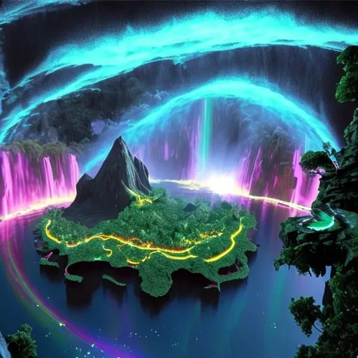 Prompt: imagine a world of contrast picture of an island near waterfalls of lasers