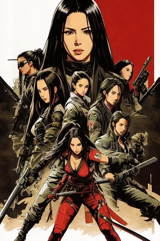 Prompt: 3 people (((Yoji Shinkawa))), sticker of ultra detailed portrait of Aaliyah Dana Haughton + Keanu Reeves + Olivia  Munn in black ninja outfit holding sheathed katana, high quality cell shaded illustration in post apocalyptic style by Yoji Shinkawa, ((full body)), dynamic pose, perfect anatomy, centered, freedom, soul, black long hair, approach to perfection, cell shading, 4k , cinematic dramatic atmosphere, watercolor painting, global illumination, detailed and intricate environment, artstation, concept art, fluid and sharp focus, volumetric lighting, cinematic lighting, Art by Yoji Shinkawa,