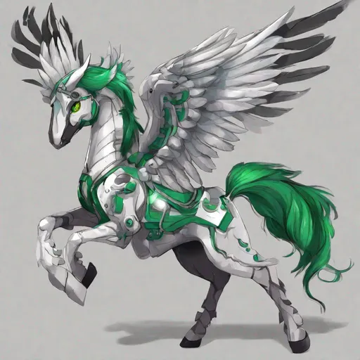 Prompt: Your OC is a small twisted pegasus humanoid animatronic, with focused emerald eyes. They identify as male, and have a high-pitched voice. As an accessory, they have nothing, and they can be seen holding a weapon for safety.
