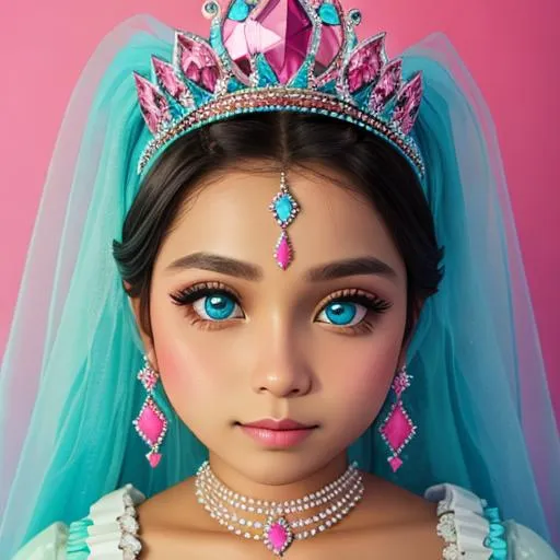 Prompt: princess wearing tiara, pink and turquoise color scheme, facial closeup