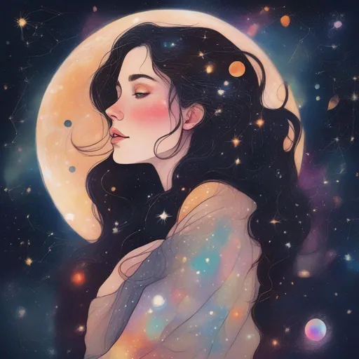 Prompt: Colorful and beautiful Persephone with brunette hair and light freckles, framed by constellations and stars and cosmos and the moon