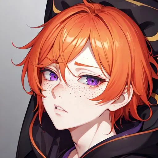 Prompt: Erikku male adult (short ginger hair, freckles, right eye blue left eye purple) UHD, 8K, Highly detailed, insane detail, best quality, high quality, anime style, tired, confused, sleepy