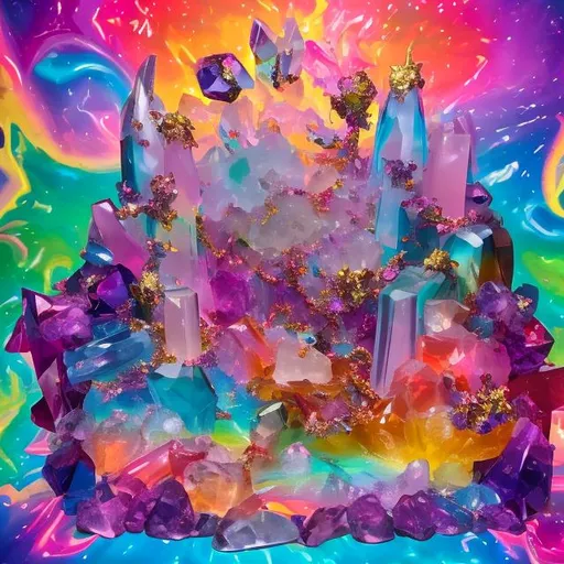 Prompt: Crystal collection diorama in the style of Lisa frank