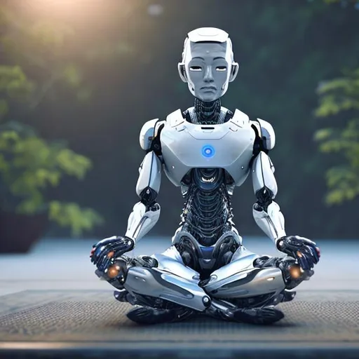 Prompt: a realistic male AI robot meditaing