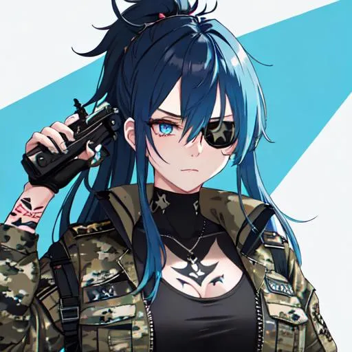 Prompt: (blue Messy hair with front spikes) wearing a eye patch that covers her right eye, wearing a camo military uniform, tattoos on her arms, holding a gun