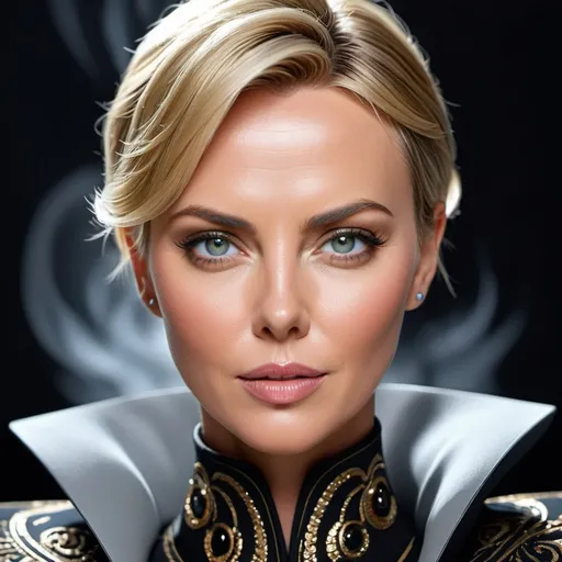 Prompt: Waist high Portrait of a handsome (Charlize Theron) in black dress,  perfect detailed face, detailed symmetric hazel eyes with circular iris, realistic, stunning realistic photograph, 3d render, octane render, intricately detailed, cinematic, trending on art station, Isometric, Centered hyper  realistic cover photo, awesome full color, hand drawn, dark, gritty, Klimt, erte 64k, high definition, cinematic, neoprene, portrait featured on unsplashed, stylized digital art, smooth, ultra high definition, 8k, unreal engine 5, ultra sharp focus, intricate artwork masterpiece, ominous, epic, trending on art station, highly detailed, vibrant, ultra-realistic, concept art, elegant, highly detailed, intricate, sharp focus, depth of field, f/1.8, 85mm, medium shot, mid shot, (((professionally color graded))), bright soft diffused light, (volumetric fog), trending on Instagram, hdr 4k, 8k