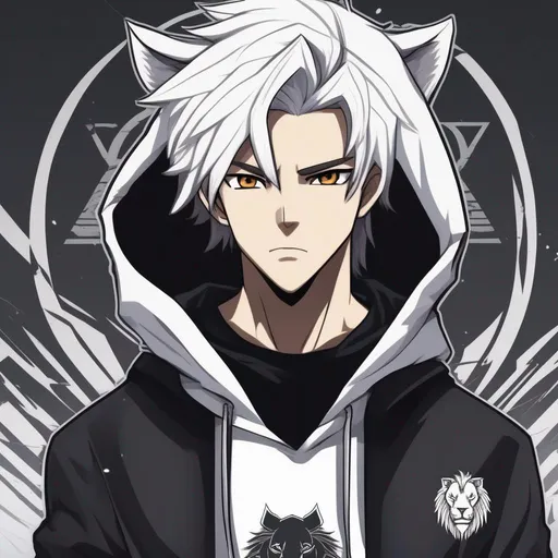 Prompt: Anime Style, white hair young adult male, wearing black hoodie with a  lion head logo. only one lion head background.