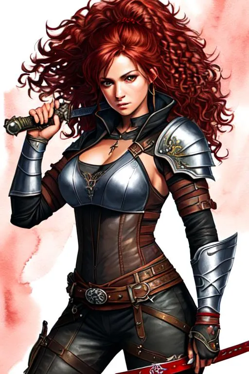 Prompt: sticker of ultra detailed half body photorealistic of female assassin wearing full body {leather} armour, high quality cell shaded illustration dungeons and dragons, busy medieval city, ((half body)), dynamic pose, holding sword, perfect anatomy, tattoos centered, freedom, soul, red long curly hair, approach to perfection, cell shading, 4k , cinematic dramatic atmosphere, watercolor painting, global illumination, detailed and intricate environment, artstation, concept art, fluid and sharp focus, volumetric lighting, cinematic lighting, (((masterpiece style)), unreal engine 5
