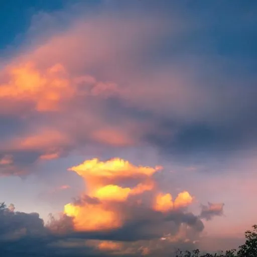 Prompt: white clouds with green lightning shooting out of them, with an beautiful sunset in the background