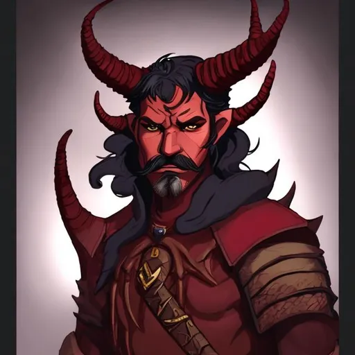 Prompt: d&d character, tiefling male, black hair,red skin, leather armor, beard and mustache,two horns,not old
