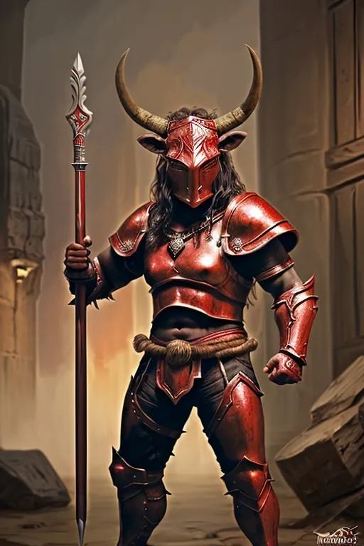 Prompt: hyper-realistic minotaur in red armour with spear in  hand, fantasy character art, illustration, dnd, warm tone