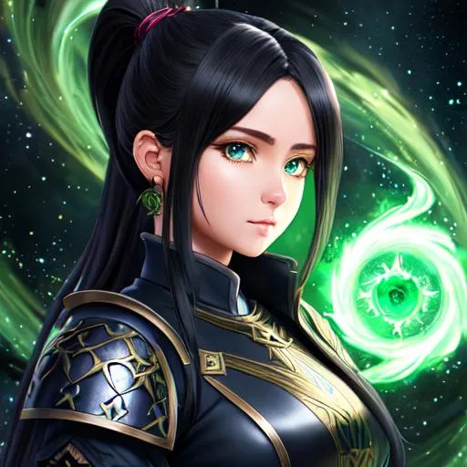 Prompt: "Full body, oil painting, fantasy, anime portrait of a young hobbit woman with short flowing ash black hair in a ponytail and dark blue eyes | Elemental stars cleric wearing intricate green leather armor casting a healing spell, #3238, UHD, hd , 8k eyes, detailed face, big anime dreamy eyes, 8k eyes, intricate details, insanely detailed, masterpiece, cinematic lighting, 8k, complementary colors, golden ratio, octane render, volumetric lighting, unreal 5, artwork, concept art, cover, top model, light on hair colorful glamourous hyperdetailed medieval city background, intricate hyperdetailed breathtaking colorful glamorous scenic view landscape, ultra-fine details, hyper-focused, deep colors, dramatic lighting, ambient lighting god rays, flowers, garden | by sakimi chan, artgerm, wlop, pixiv, tumblr, instagram, deviantart
