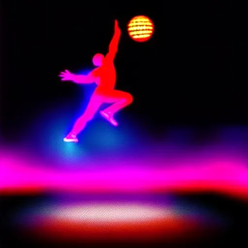 Prompt: Micheal Jordan’s iconic dunk, black background neon lighting 
