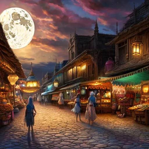 Prompt: concept art, fantasy, full moon, town near salt flats, market bazaar