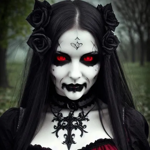 Prompt: A beautiful woman,smile,undersun,gothic,staring,red-eyes,soul
