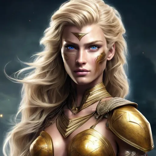 Prompt: HD 4k 3D 8k professional modeling photo hyper realistic beautiful fierce warrior woman ethereal greek goddess of onslaught
blonde hair brown eyes gorgeous face tan tattooed scarred skin shimmering armor crossbow full body surrounded by magical glow hd landscape background illiad fighting action battlefield