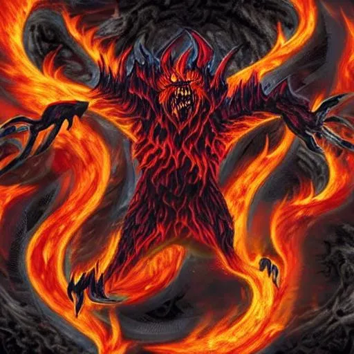 Prompt: Demonic force, flames, magma, volcano, bleeding, blood, animalistic, demonic, draconic