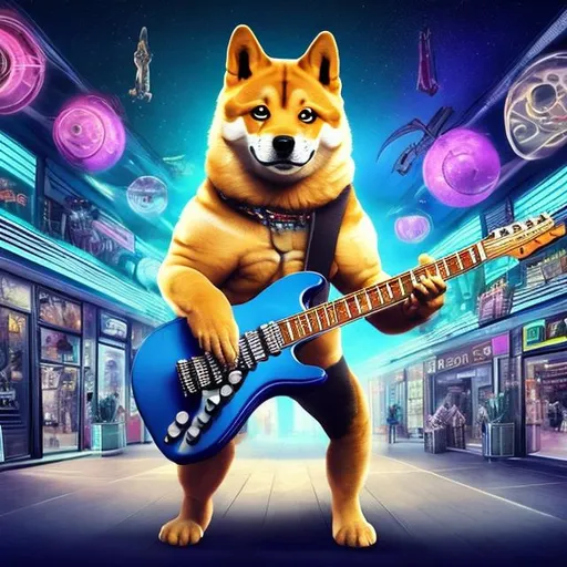 Prompt: Bodybuilding Doge playing guitar for tips in a busy alien mall, widescreen, infinity vanishing point, galaxy background