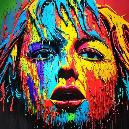 Prompt: colorful splashes of paint, gometrically high quality almost realistic similiar to andy warhols ppop art painting portraying a shadow image of a human being letting all the good emotions know to human kind