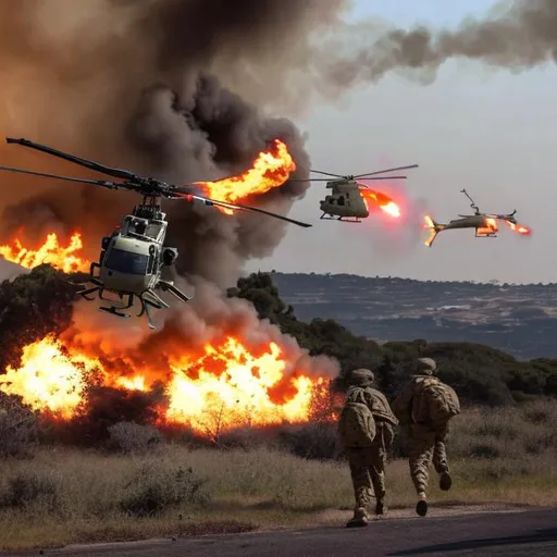 Prompt: an heli on fire and the military base while soldiers run for their life