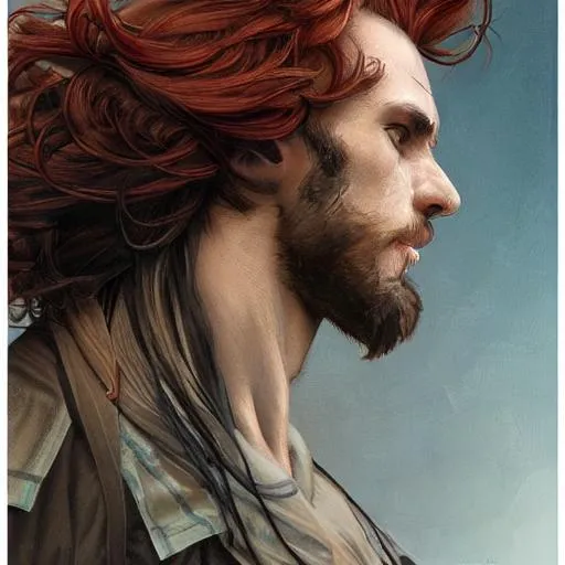 Prompt: portrait of a young ruggedly handsome, skinny but joyful mage, male, masculine, upper body, red hair, long hair, d & d, fantasy, smirk, heterochromia, intricate, elegant, highly detailed, digital painting, artstation, concept art, matte, sharp focus, illustration, art by artgerm and greg rutkowski and alphonse mucha