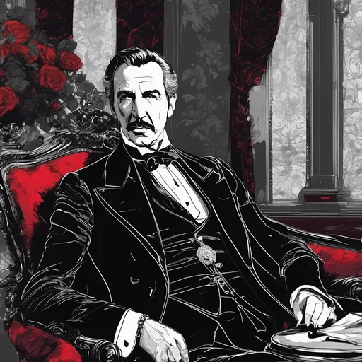 Prompt: (Vincent Price with Bela Lugosi), Black and White pen and ink sketch style, dark color scheme, elegantly gothic attire, intricate details, dim lighting, dramatic shadows, opulent background, luxurious textures, ornate furniture, deep reds and blacks, baroque patterns, solemn atmosphere, rich color tones, dark romanticism, ultra-detailed, 4K, photorealistic masterpiece, timeless elegance.