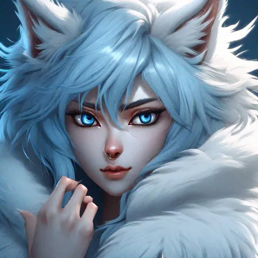 Prompt: "Werewolf girl, beautiful, claws, fangs, White fur, pure, pale, furry, Blue, manhwa style, Christian Linke, Alex Yee , innocent and intricate, 16k resolution, post production, anti aliasing, sfx, bloom, unreal engine 5"