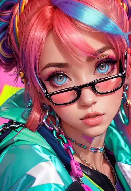 Prompt: a close up of a person with a chain around their neck, (((neon palette))), tsuaii, 80s hair, by Sophia Beale, wearing jacket, trending on artstaton, skydoll noa, by Cicely Hey, multi colored, trending on artstatio, by Melissa Benson, punk, portrait drawing