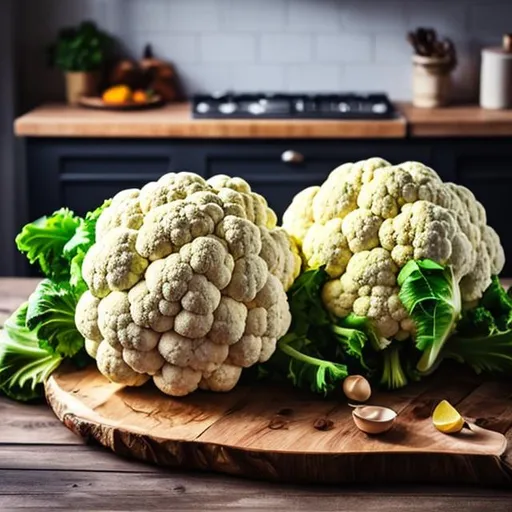 Prompt: Photo of a pair of cauliflower sitting on a wooden table surrounded by various other vegetables, realisic, genuine, thruthfull