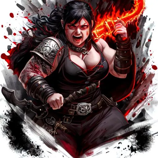 Prompt: dnd artsyle, blood stains, crazy, angry, wide butch woman breathing fire out her mouth, bloodstained, stocky woman, psychotic smiling muscular woman with whip, breathing fire, magic, potions, wounded, axe lodged in her shoulder, stabbed, sliced, short black hair, bloody, potions, roided, terrifying, 