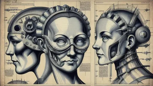 Prompt: technical drawing blueprint Futurism art style infographics exploded view of  biomechanical heads of ((henry viii)) and ((Anne Boleyn)) side by side by hr giger  retro, infographics, marginalia, detailed exploded view, 1950's popular mechanics poster, retrofuturistic, cross-section, internal workings 
