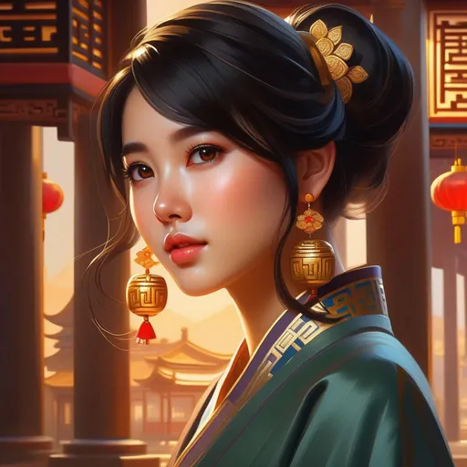 Prompt: Third person, gameplay, Chinese girl, olive skin, black hair, brown eyes, Shanghai, golden atmosphere, cartoony style, extremely detailed painting by Greg Rutkowski and by Henry Justice Ford and by Steve Henderson 