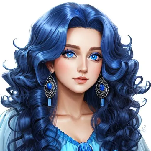 Prompt: a woman with long, very curly hair, sapphire blue eyes
