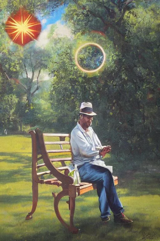 Prompt: A man sitting on a bench in the park smoking a cigar while at peace enjoying a beautiful day with three Suns in the sky and birds chirping enlightened painting 