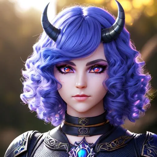 Prompt: dnd, tiefling, demon,  snake eyes, void eyes, detailed face, detailed eyes, full eyelashes, detailed interior, ultra detailed accessories, birthmark on face, curly hair, short hair, blue horns on side of head, blue skin, 

((sunshine, very strong sunlight on face, cinematic lighting, volumetric lighting, beautiful shading, head light, back light, natural light, ray tracing, symmetrical)), (((masterpiece, professional, professional illustration))), Fantasy style,

UDR, HDR, 64k, masterpiece