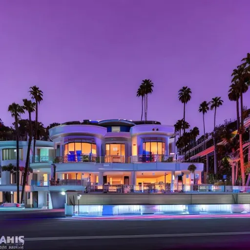 Prompt: a modern mansion at santa monica yacht harbor at night in neon style, old timers parking in the front of it