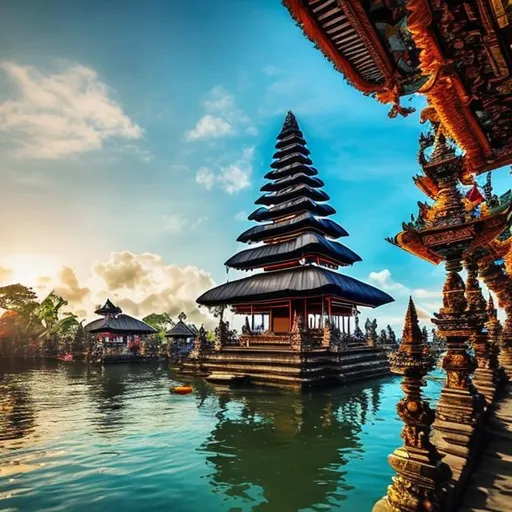 Prompt: A breath taking view of a Balinese temple floating in the sunny sky surrounded by magical people fantasy beautiful 