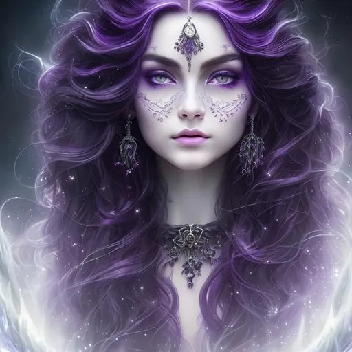 Prompt: Detailed and mystical portrait of a young beautiful witch with ivory clear skin, long purple hair and deep purple eyes. Perfect female anatomy and gorgeous, night light, dramatic, magical, fantasy, 8k, high detailed, dramatic light
