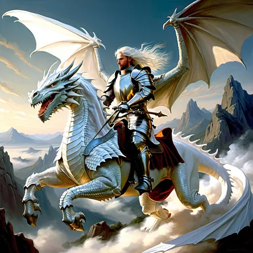 Prompt: Dragon rider Chivalric Knight in realistic oil painting, flying through the sky, majestic white dragon with vibrant white scales and fur, white ethereal wings, flowing white hair, fierce expression, mythical landscapes, high fantasy, oil painting, vibrant colors, epic scale, detailed armor, stunning face, atmospheric lighting, professional, highres, fantasy, oil painting, dragon rider, Chivalric Knight , flying, majestic, Dragon's face is bearded, ethereal, fierce expression, pale colors, high fantasy