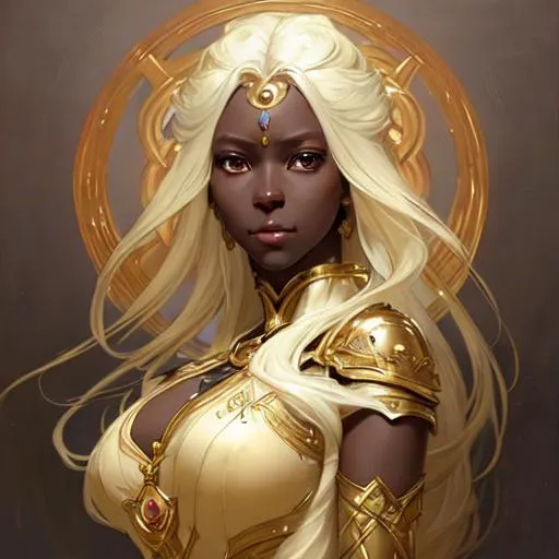 Prompt: Light element goddess, very dark skin, flowing pale yellow hair, flowing dress, perfect features, extremely detailed, realistic. Krenz Cushart + loish +gaston bussiere +craig mullins, j. c. leyendecker +Artgerm, oil painting texture oil painting effect Krenz Cushart + loish +gaston bussiere +craig mullins, j. c. leyendecker +Artgerm, oil painting texture. 