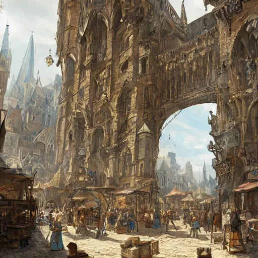 Prompt: A medieval market, texture, intricate, details, medium detailed, masterpiece, architecture, building, trending on artstation, focus, sharp focus, concept art, digital painting, fantasy, sunny, day, midday