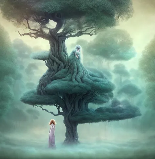 Prompt: Create an image of a surreal dream world, with floating clouds, upside-down trees, and whimsical creatures. The colors should be soft and pastel, with a hazy, dreamlike quality to the image. A girl with flowing hair and a vintage dress should be at the center of the scene, gazing out at the surreal landscape with a sense of wonder. The overall feel should be one of nostalgia and whimsy, evoking a feeling of a distant dream.